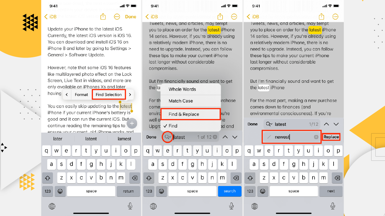 Find and replace tool in iPhone Notes app